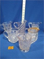6-Pressed Glass pitcher collection gold trimmed