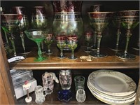 Glassware, assorted plates, vase, other