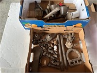 Jackstand, oil cans, funnels, misc tools, ax head