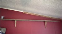 Vintage 9 ft barnwood shelf, 2 antique cast iron