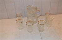 Early Etched Pitcher with 6 Glasses