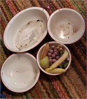 Red enamelware, set of 4 wash tub bowls, fruit