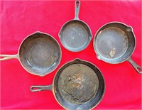 4 HEAVY CAST IRON FRYING PANS 4 SIZES HAND CASTED