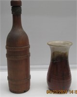 14" WOODEN BOOTLE W/CAP & 8" POTTERY VASE NICE.