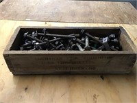 WOODEN BOX FULL OF BOLTS AND HARDWARE