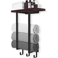 Towel Rack with Wooden Shelf and 3 Hooks Black Tow