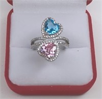 Sterling Pink & Blue Heart Sapphire Ring. Ring is