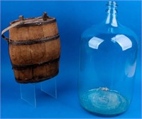 Antique Oak Barrel & Vintage 5 Gallon Glass Jug