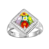 Sterling Silver Halo Crystal Murano Glass Ring