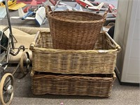 Two Large Wicker Trays And Basket