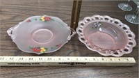 Frosted pink glass bowl & plate
