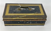 SIGNED AND DATED 1865 METAL CASH BOX WITH KEY