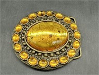 Vintage Amber Stone Belt Buckle Brass 3"