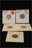 Lot of 5 Mercury Silver Dime's Mixed Date's