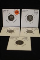 Lot of 5 Mercury Silver Dime's Mixed Date's