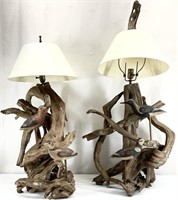 x2 - Driftwood Carved Shorebird Decoy 3ft Lamps
