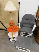 White Glider & Foot Stool, Basketball Floor Lamp,