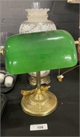 Brass Hurricane Lamp, Green Shade Desk Lamp.