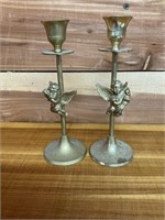PAIR OF BRASS ANGEL CANDLE STICKS