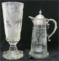 GERMAN ETCHED CRYSTAL PITCHER AND VASE