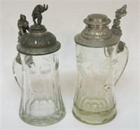 TWO ETCHED GERMAN CRYSTAL STEINS WITH PEWTER LIDS