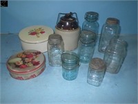 Box of Antique jars, round tin & crock w/ lid