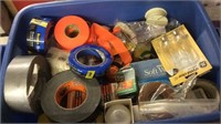 BLUE TOTE OF VARIOUS TYPES OF TAPE & MISC HARDWARE