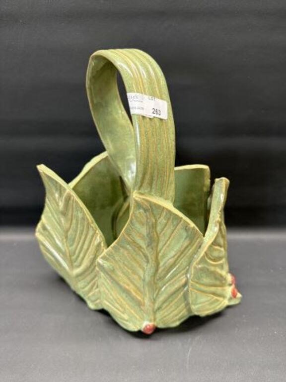Signed pottery SAM leaf handled basket 9"x10"h