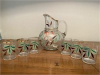 Antique Hand Painted Glass Pitcher & 6 Glasses