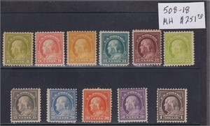 US Stamps #508-518 Mint Hinged, CV $250+