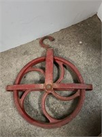 Vintage Cast iron Pulley and Ice hook tongs. Stool