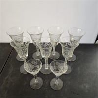 Set of 7 Etched Glass Goblets w/ Two Cordial Cups