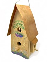 Copper-roofed wooden bird house hand-painted