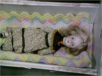 Vintage Wooden Doll Cradle w/ Bisque Doll 22"x 12"