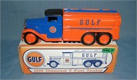 Vintage Gulf cast metal avertising truck bank with