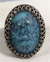 STERLING LARGE TURQUOISE COLOR RING W/ ROSE BAND