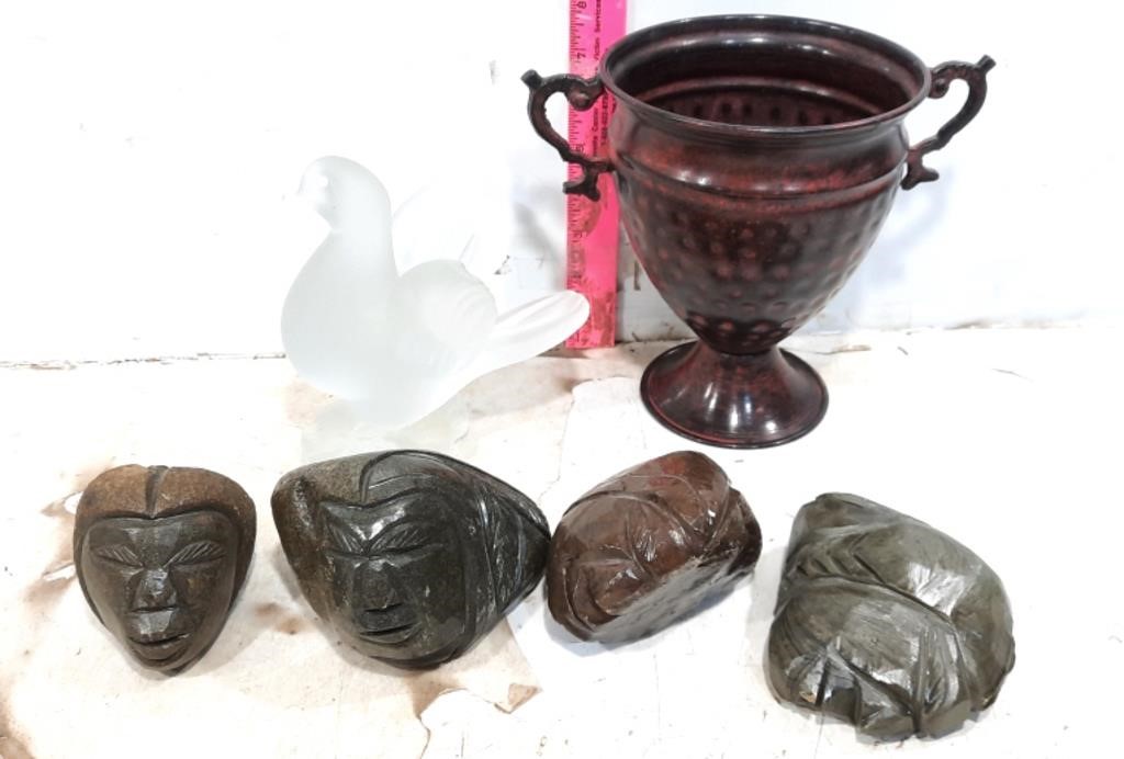 Frosted Glass Bird & Carved Stone Heads & Vase