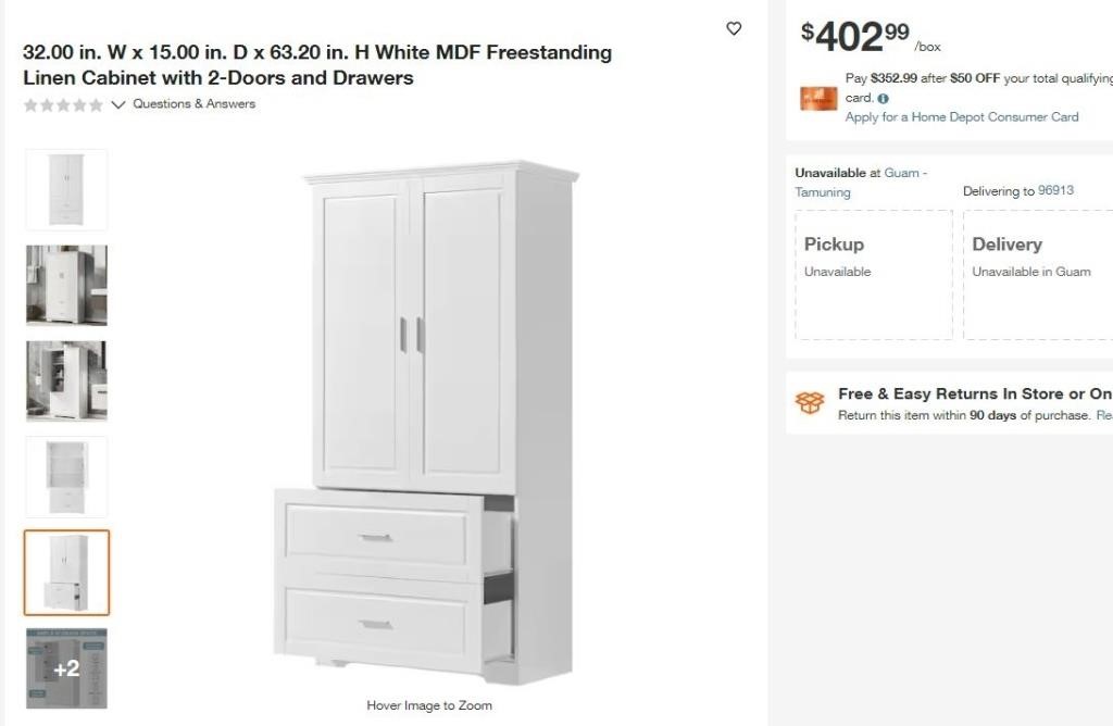 E4082 White MDF Linen Cabinet w/ 2-Doors  Drawers