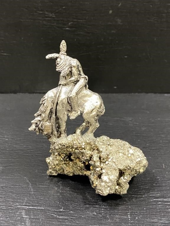 Pewter Native American Figurine on Pyrite