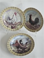 VTG SET OF 3 CERAMIC RED ROOSTER FARMERS PLATES