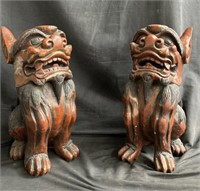 Vintage carved wood foo dogs 10"l x 8”w x 18”h