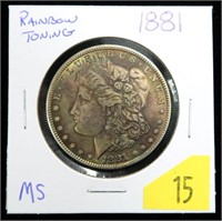 1881 Morgan dollar, MS, rainbow toning