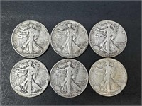 Six Walking Liberty Half Dollars