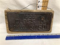 1933 Class B License Plate on Wood, Plate is 10”
