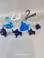 2 Glass/Silver Swan Salts & Blue Glass Collectible