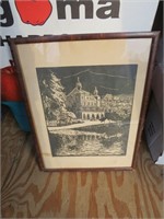 Signed Woodcut Framed Print Vintage