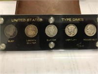 5 TYPE SET SILVER DIMES IN PLASTIC DISPLAY