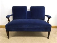 VELVET UPHOSLTERED LOVE SEAT WITH MAHOGANY ACCENTS