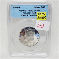ANACS 2005S PR70DCAM 90% Silv JFK Half $1 Dollar