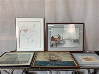 5pc Assorted Fr. Art: Ships, Harbor, Seagulls
